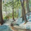 Thaw: a woodland path through melting snow between tall trees.