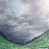 Adventures: storm cloud gathering over a green Highland glen.