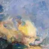 Detail of Swirling Clouds: yellow light breaking through blue and violet cloud.