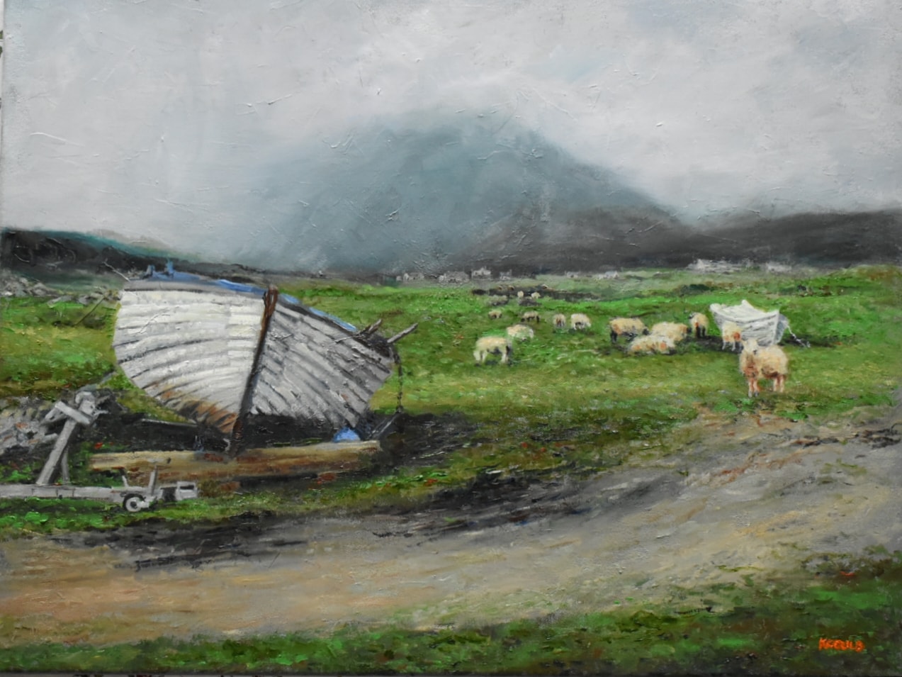 Oil painting of a beached fishing boat and grazing sheep below a mist-covered hill, Isle of Harris