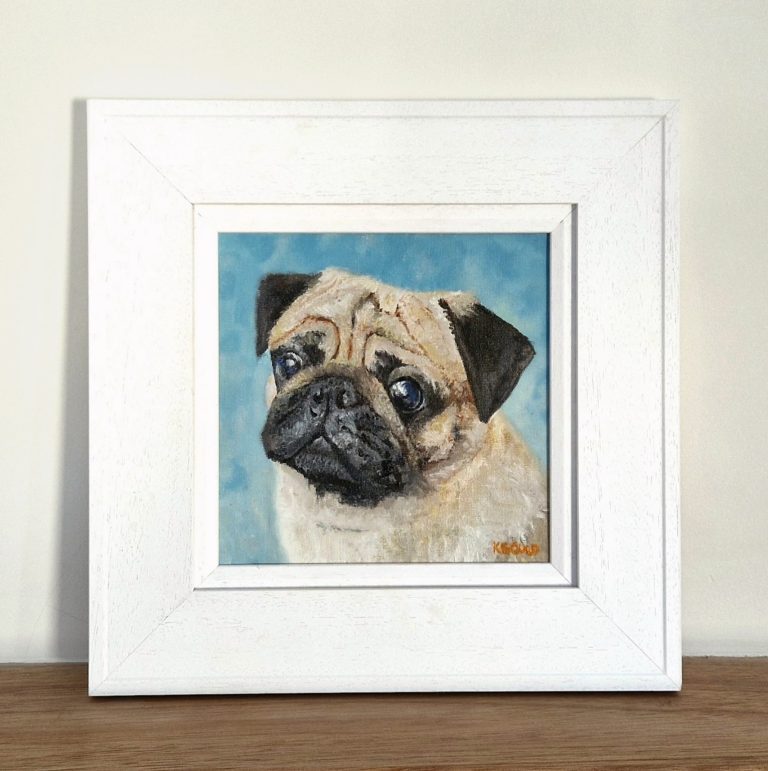 Oil portrait of a pet in its white frame